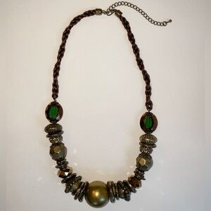 Statement beaded necklace gold tone and green jewel tone